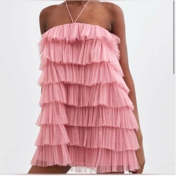 Zara Pink Tulle Ruffle Dress NEW WITH TAGS XS - Picture 1 of 3